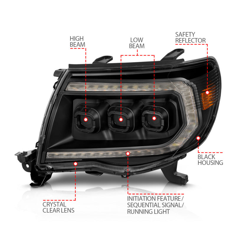 ANZO 05-11 Toyota Tacoma Full LED Projector Headlights White DRL/Init/SeqSig Black - Pair