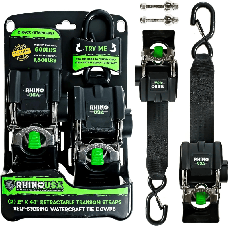 Rhino USA Retractable Transom Straps (2 Pack-Stainless)